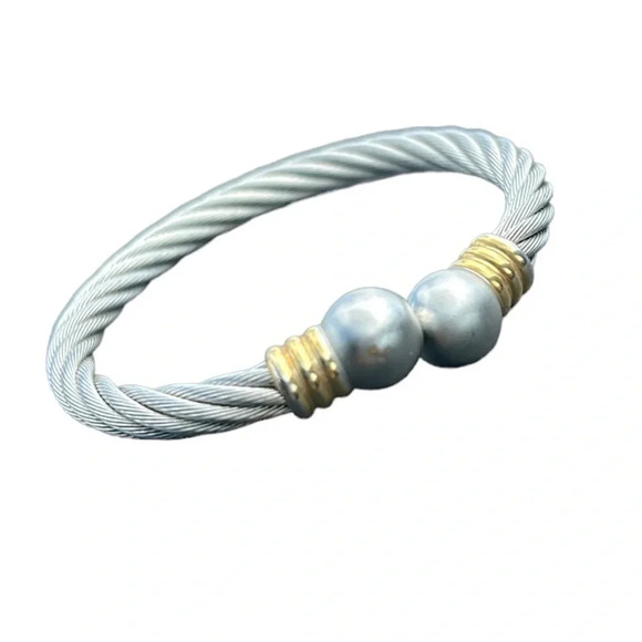Vintage style grey pearl Twisted Cable Bangle Bracelet silver gold  two tone - Picture 8 of 8